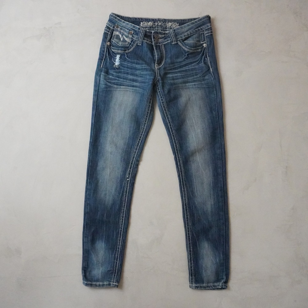 YMI Skinny Jeans Size 9 Womens Blue Denim Embroidered Pockets Y2K Vintage